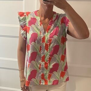 Vibrant Pink & Orange Floral Flutter-Sleeve Top